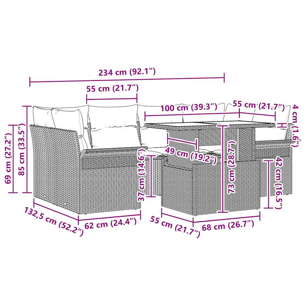 Conjunto de sofá de jardín 7 pcs Marrón ratán sintético