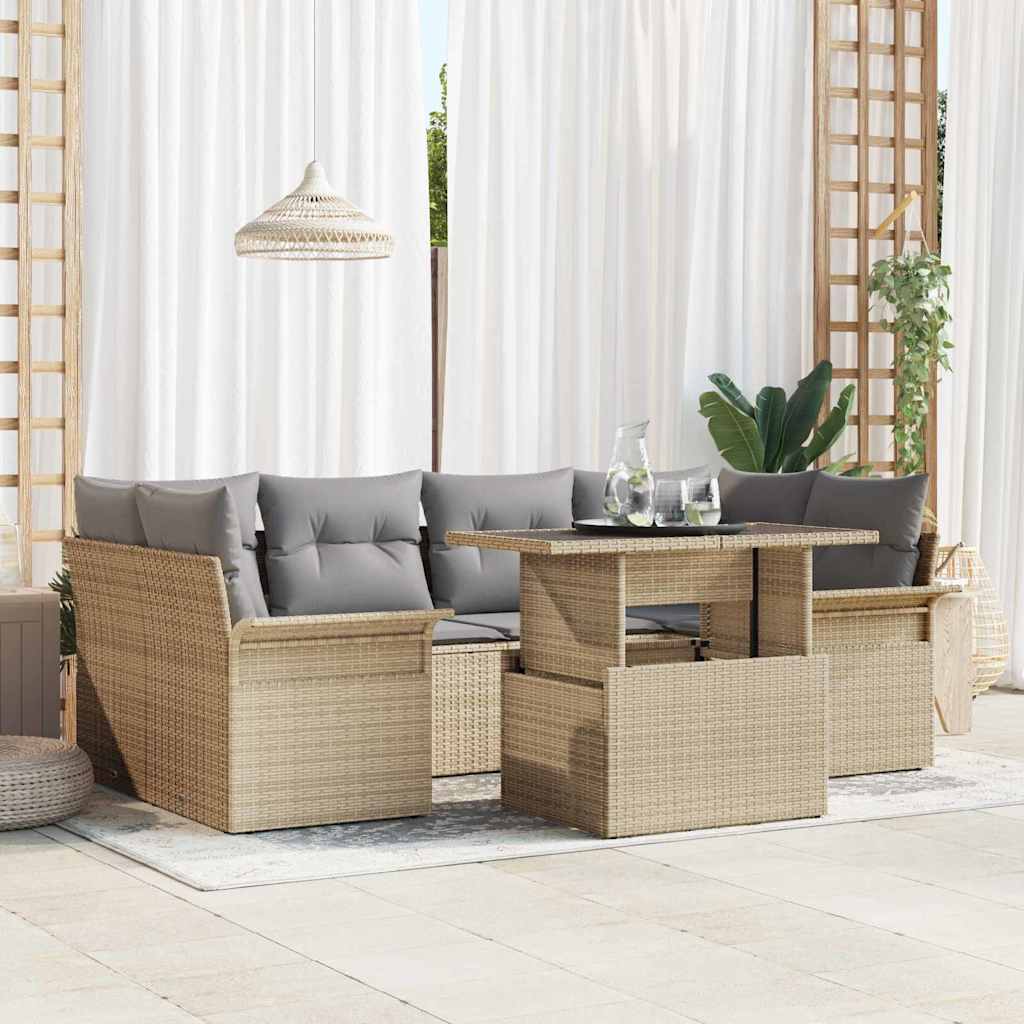 Conjunto de sofá de jardín con cojín 7 pcs Beige Poliratán