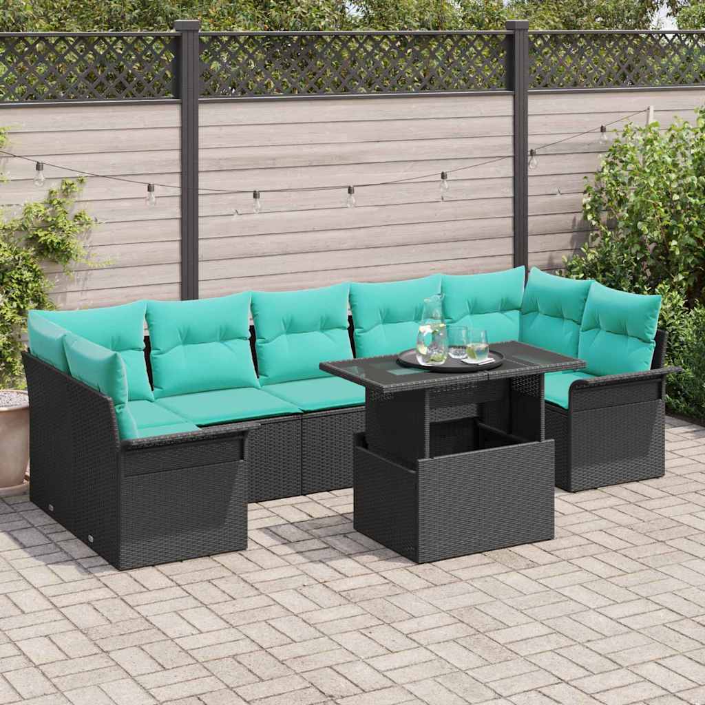 Conjunto de sofá de jardín con cojín 8 pcs Negro Poliratán