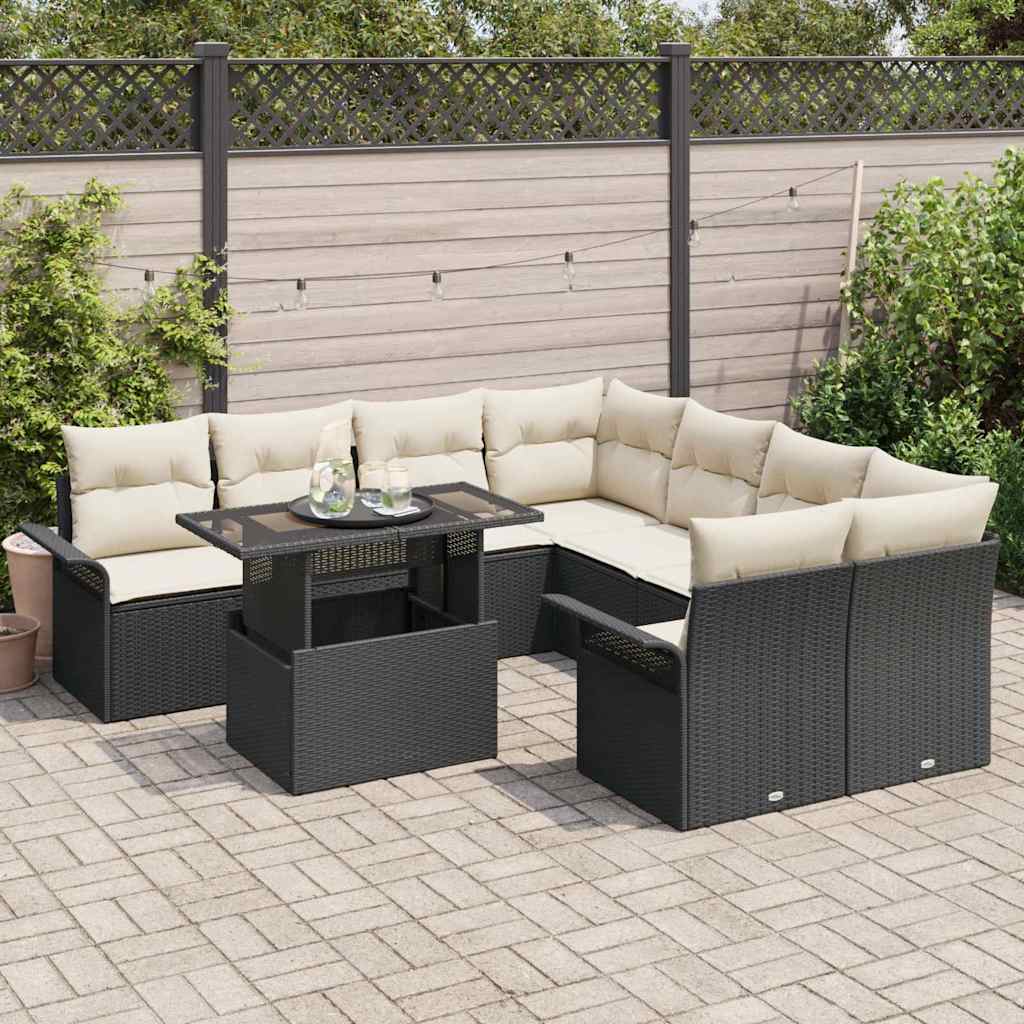 Conjunto de sofá de jardín con cojín 9 pcs Negro Poliratán