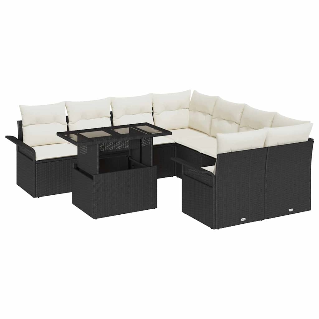 Conjunto de sofá de jardín con cojín 9 pcs Negro Poliratán