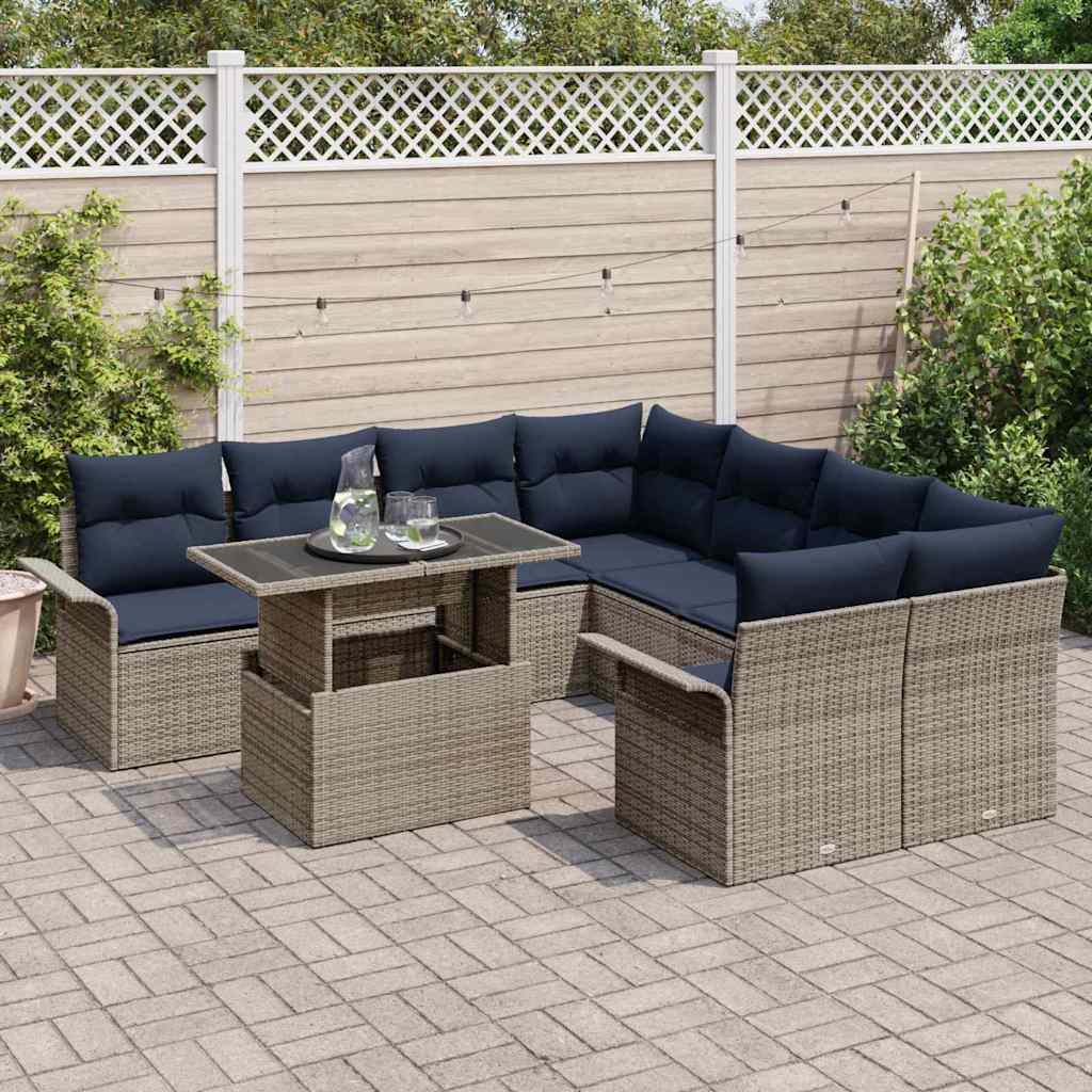 Conjunto de sofá de jardín con cojín 9 pcs Gris Poliratán