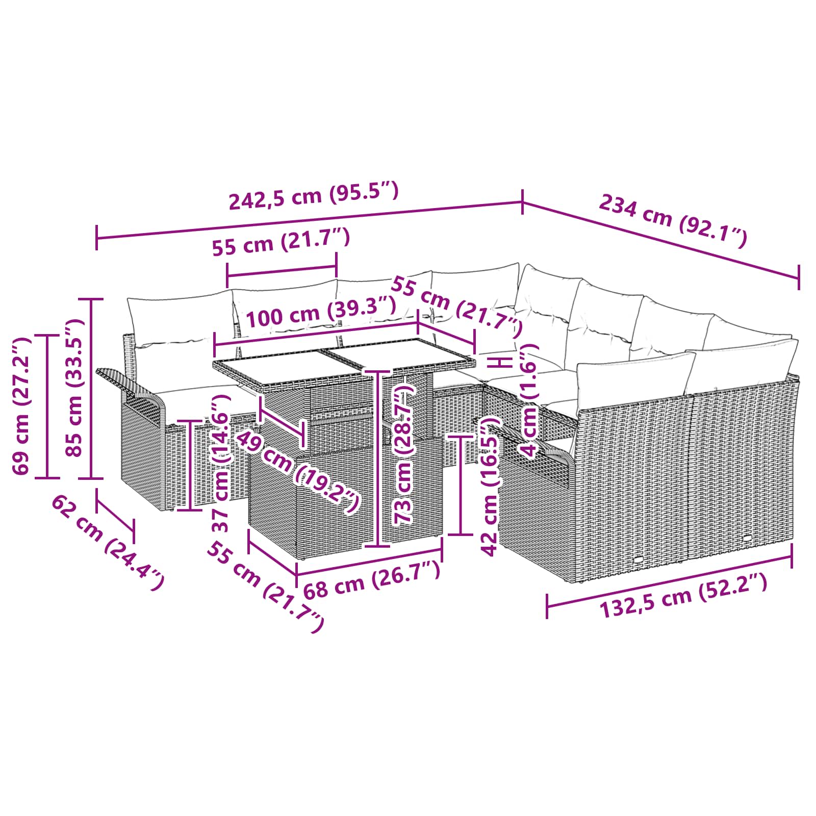 Conjunto de sofá de jardín con cojín 9 pcs Gris Poliratán