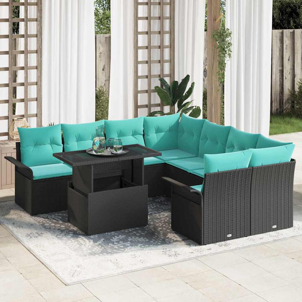Conjunto de sofá de jardim com almofadões 9 peças Cinzento Polirratão