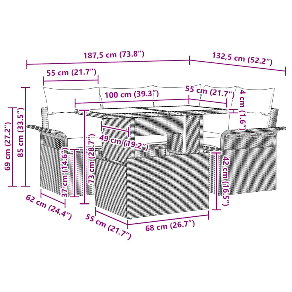 Conjunto de sofá de jardín con cojín 5 pcs Gris Poliratán