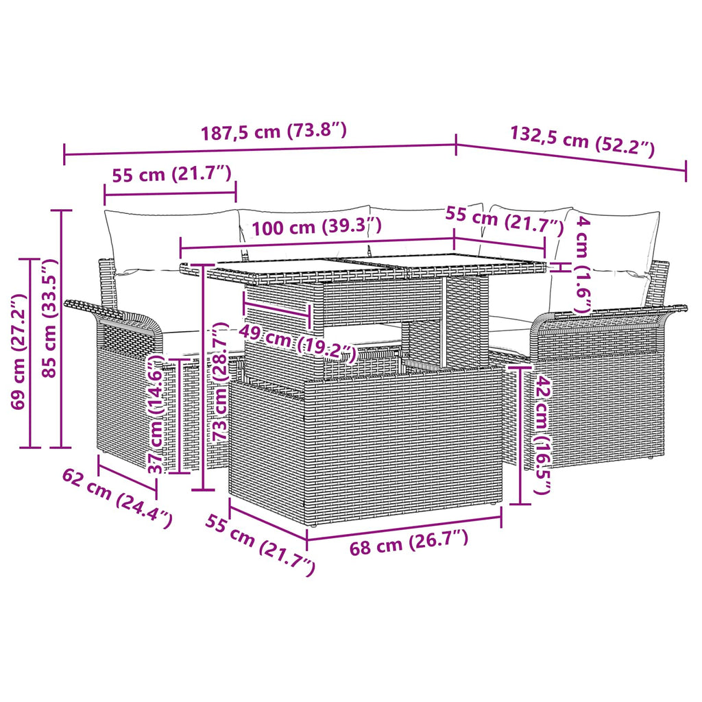 Conjunto de sofá de jardín 5 pcs Marrón ratán sintético