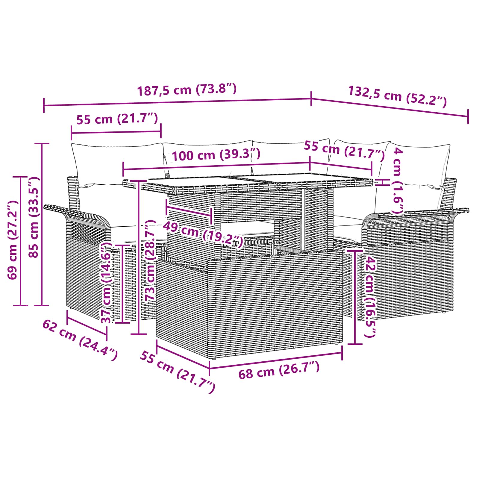 Conjunto de sofá de jardín 5 pcs Marrón ratán sintético