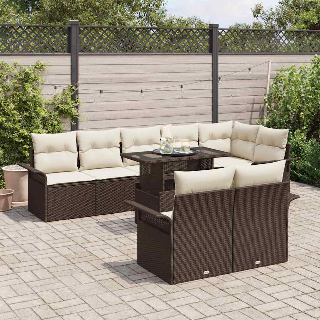Conjunto de sofá de jardín con cojín 9 pcs Marrón Poliratán