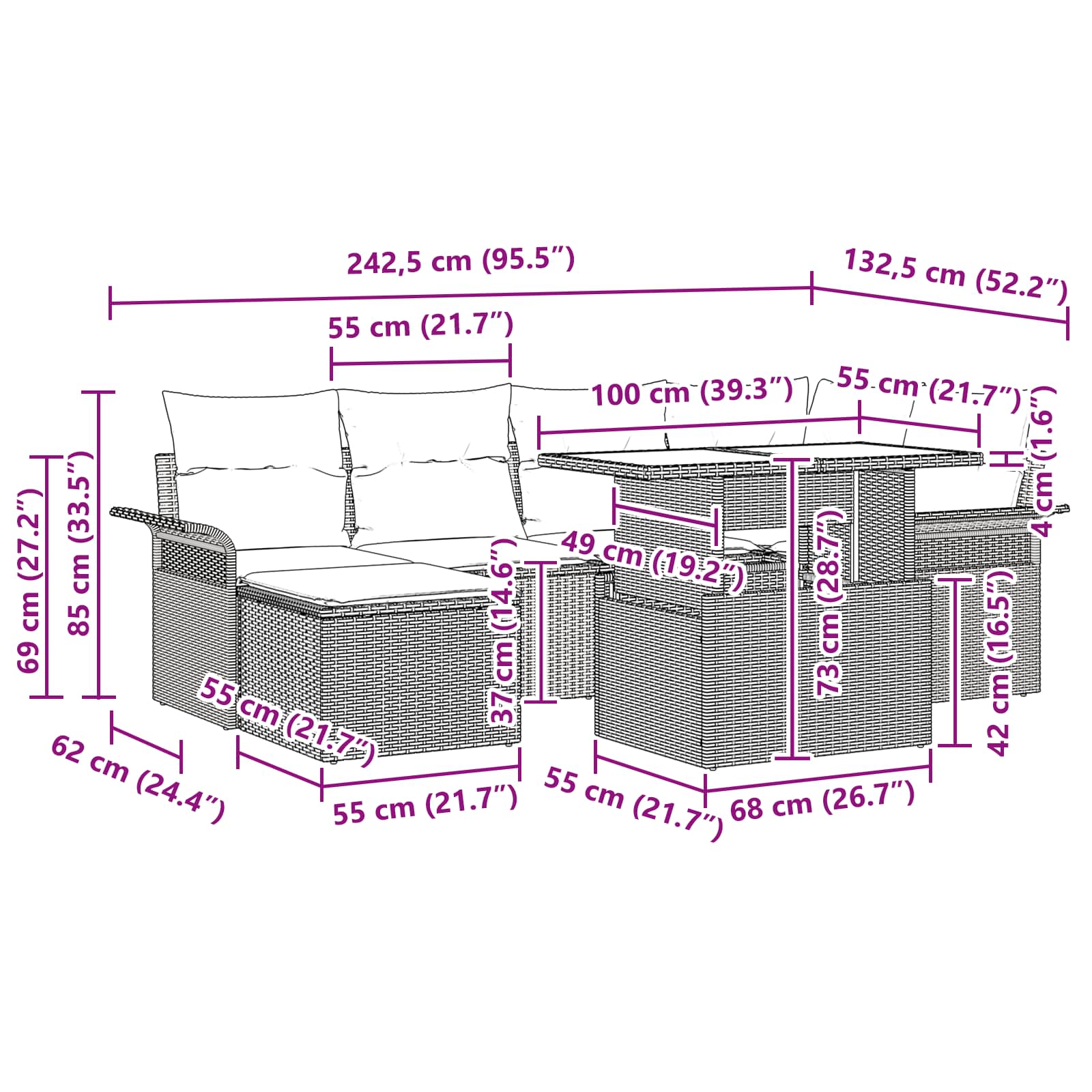 Conjunto de sofá de jardín 7 pcs Marrón ratán sintético