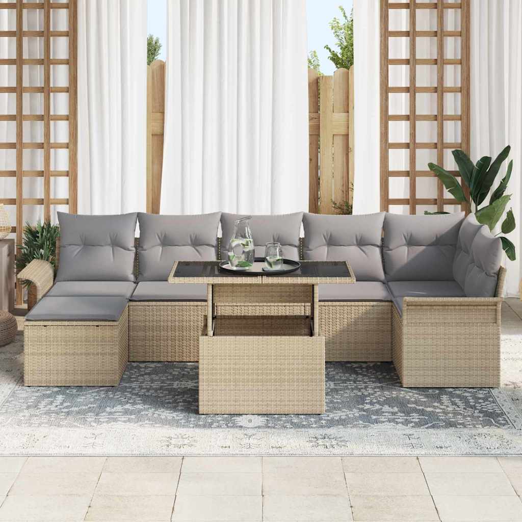Conjunto de sofá de jardín con cojín 8 pcs Beige Poliratán