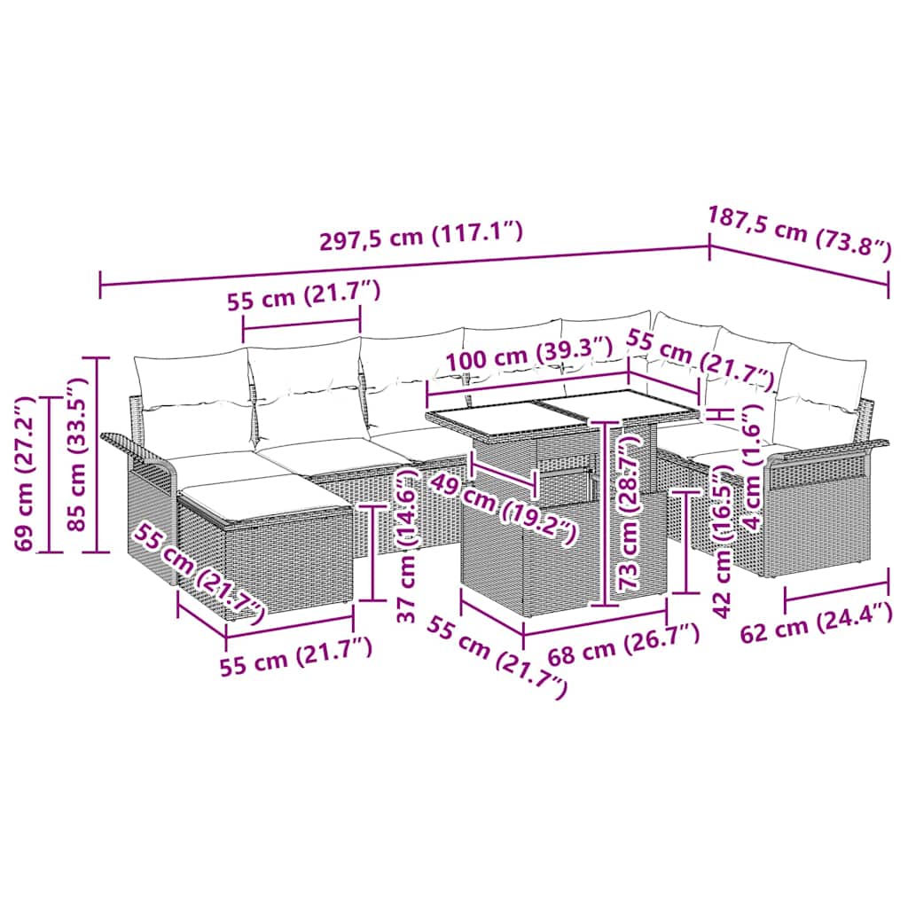Conjunto de sofá de jardín 9 pcs Beige ratán sintético