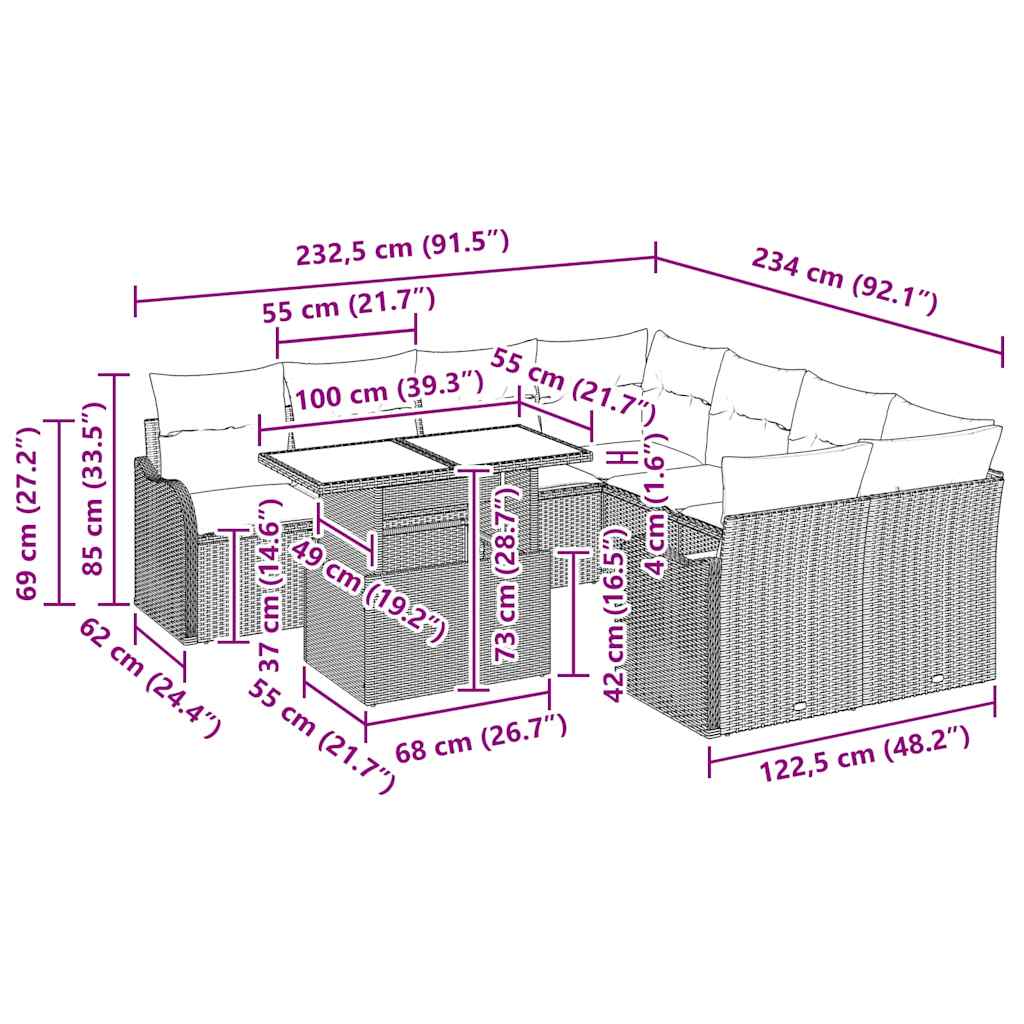 Conjunto de sofá de jardín con cojín 9 pcs Beige Poliratán