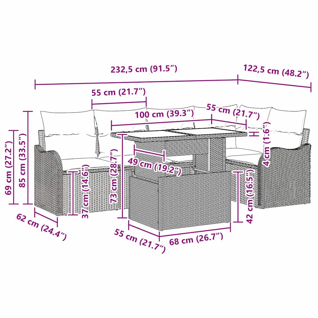Conjunto de comedor con cojín 6 pcs Beige Poliratán