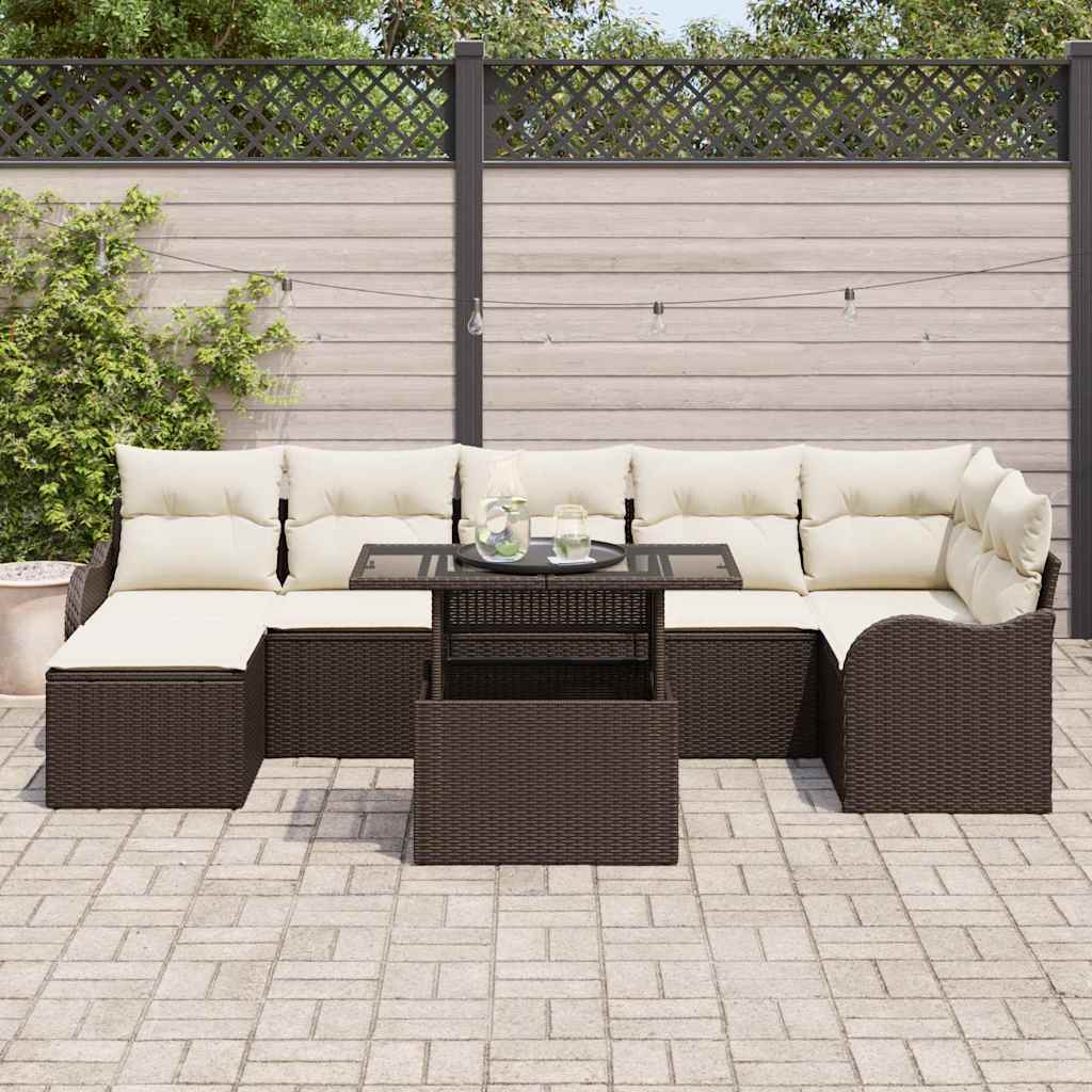 Conjunto de sofá de jardín con cojín 8 pcs Marrón Poliratán