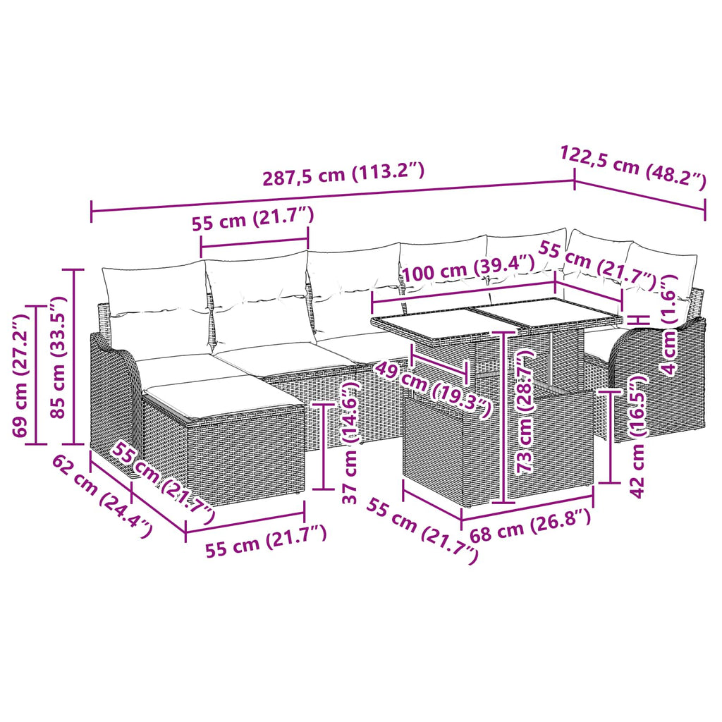 Conjunto de sofá de jardín con cojín 8 pcs Marrón Poliratán