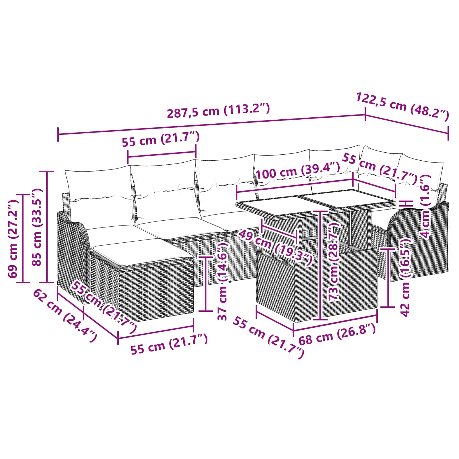 Conjunto de sofá de jardín con cojín 8 pcs Marrón Poliratán