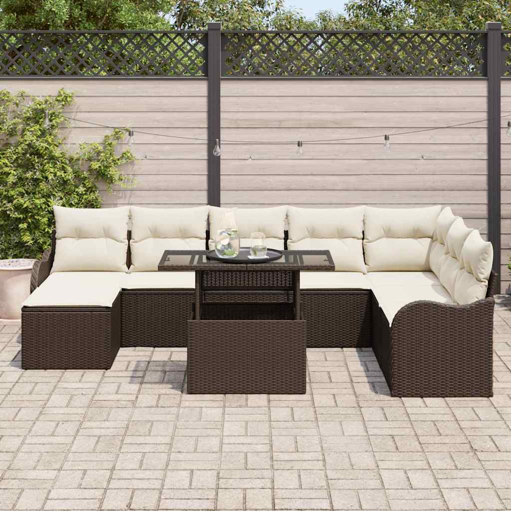 Conjunto de sofá de jardín con cojín 9 pcs Marrón Poliratán
