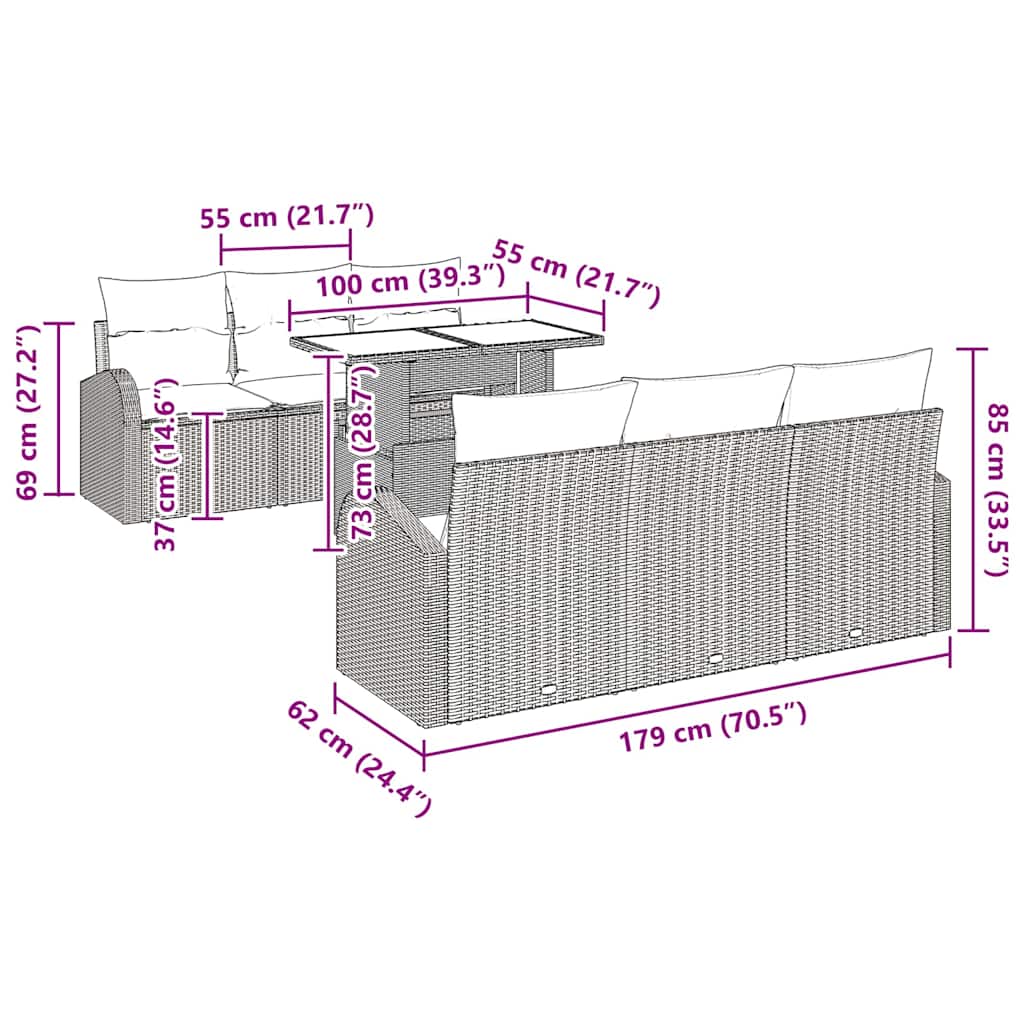 Conjunto de sofá de jardín con cojín 7 pcs Beige Poliratán