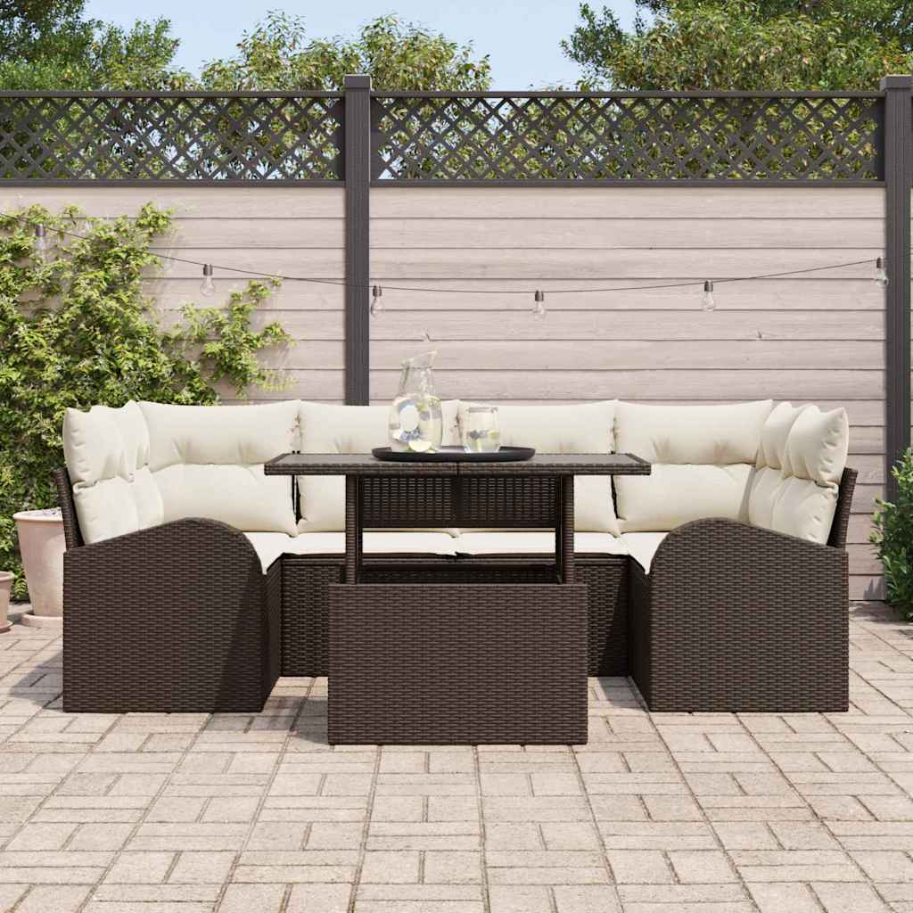 Conjunto de sofá de jardín con cojín 7 pcs Marrón Poliratán