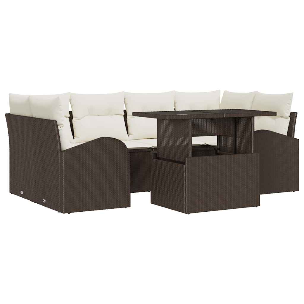 Conjunto de sofá de jardín con cojín 7 pcs Marrón Poliratán