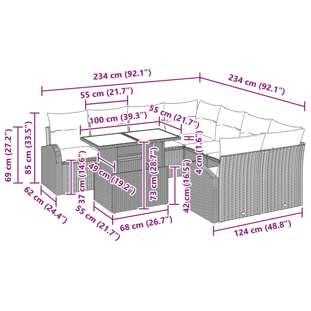 Conjunto de sofá de jardín 9 pcs Marrón ratán sintético