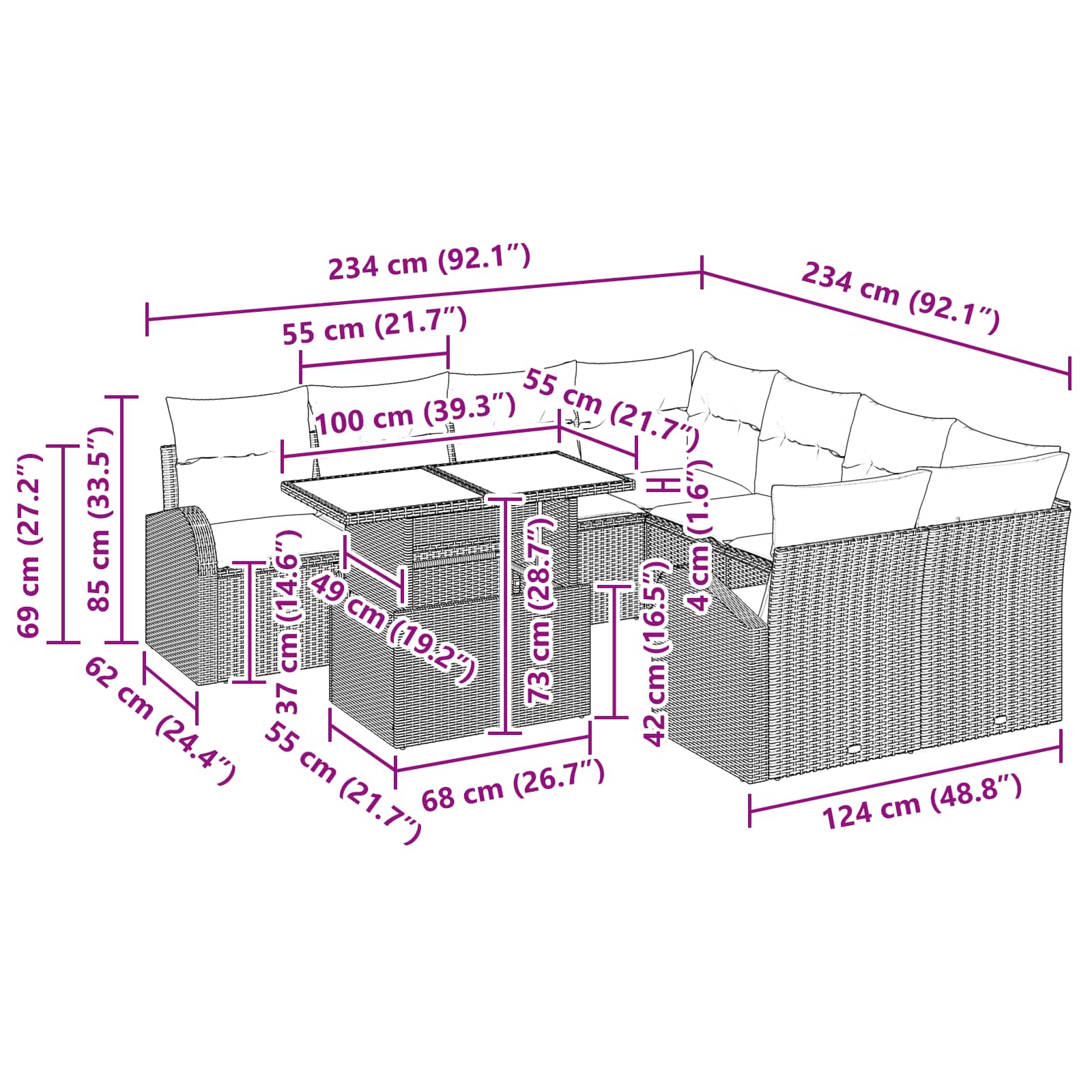 Conjunto de sofá de jardín 9 pcs Marrón ratán sintético