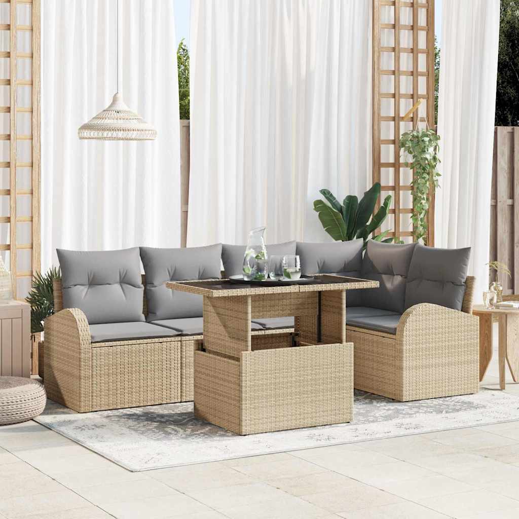 Conjunto de Sofá de Jardim 6 pcs Bege Rattan de Poliéster