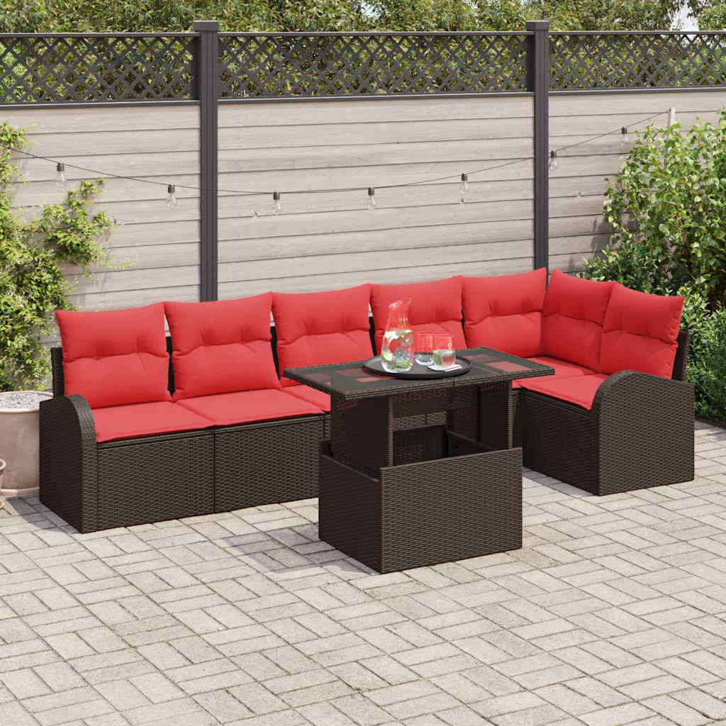 Conjunto de sofá de jardín 7 pcs Marrón y Rojo ratán sintético