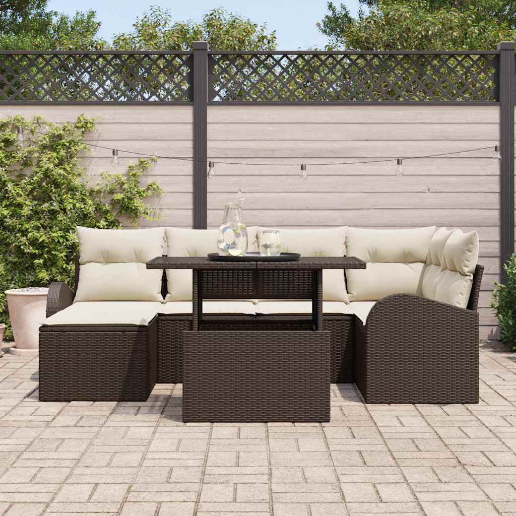 Conjunto de sofá de jardín con cojín 7 pcs Marrón y crema