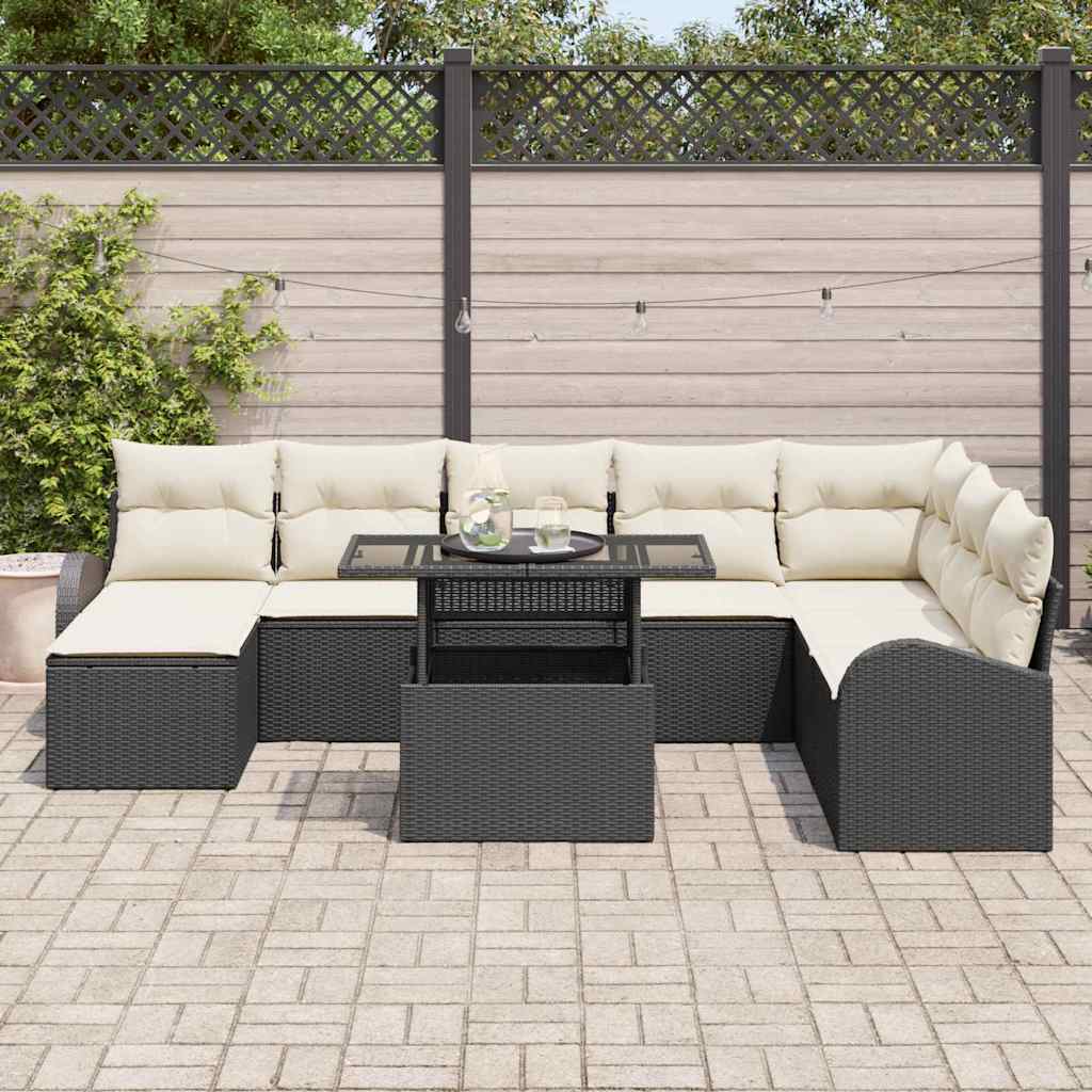 Conjunto de sofá de jardín con cojín 9 pcs Negro y crema