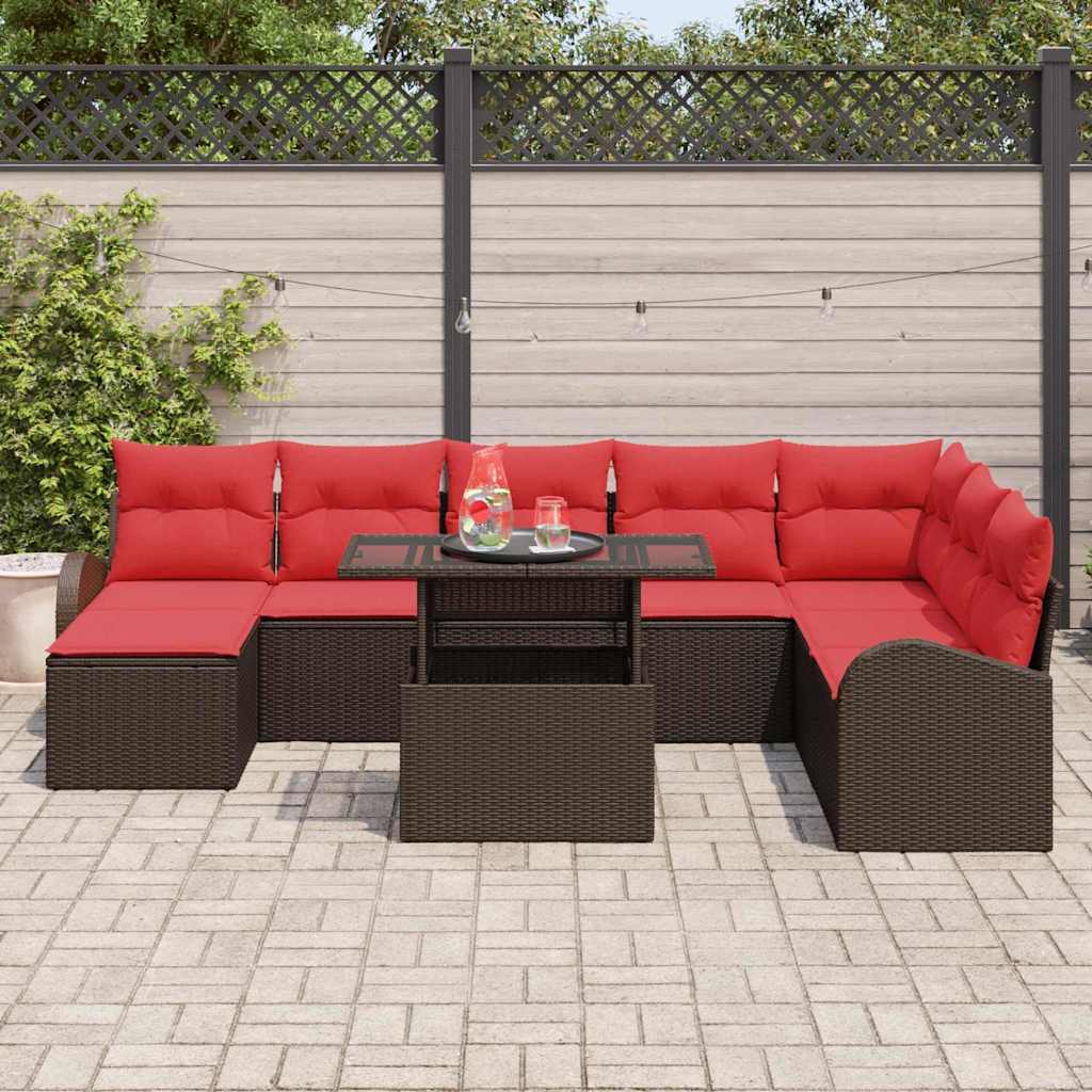 Conjunto de sofá de jardín 9 pcs Marrón y Rojo ratán sintético