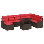 Conjunto de sofá de jardín 9 pcs Marrón y Rojo ratán sintético