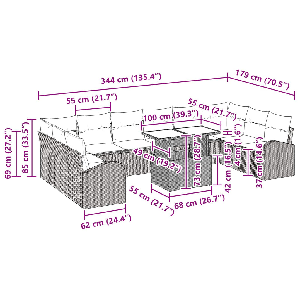 Conjunto de sofá de jardín 11 pcs Marrón ratán sintético