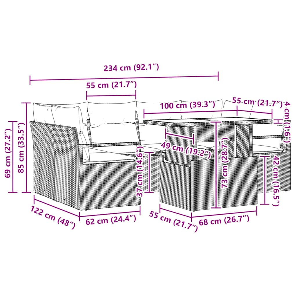 Conjunto de sofá de jardín 7 pcs Marrón ratán sintético