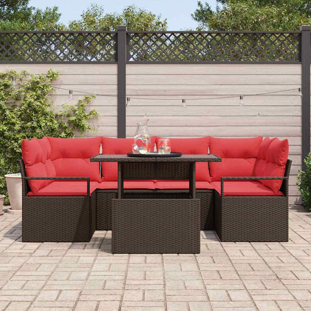 Conjunto de sofá de jardín 7 pcs Marrón y rojo ratán sintético