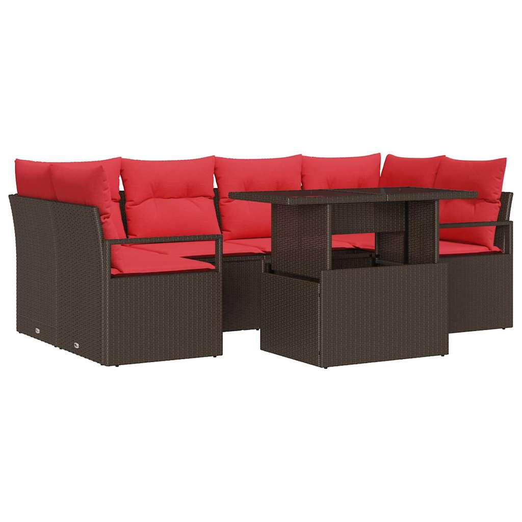 Conjunto de sofá de jardín 7 pcs Marrón y rojo ratán sintético