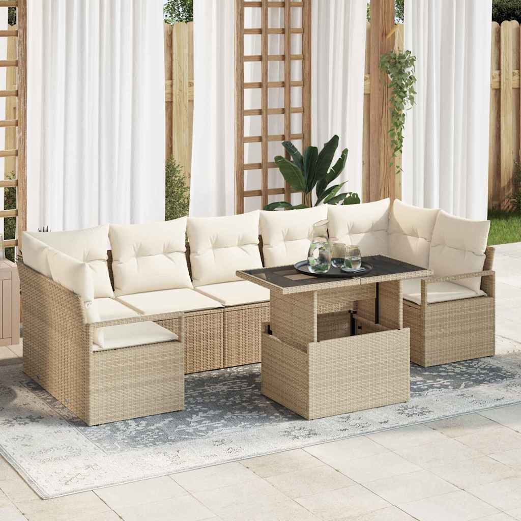 Conjunto de sofá de jardín 8 pcs Beige Rattan de Poliéster