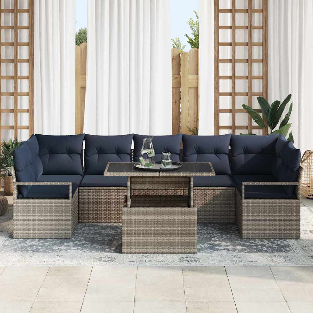Conjunto de sofá de jardín con cojín 8 pcs gris y azul marino