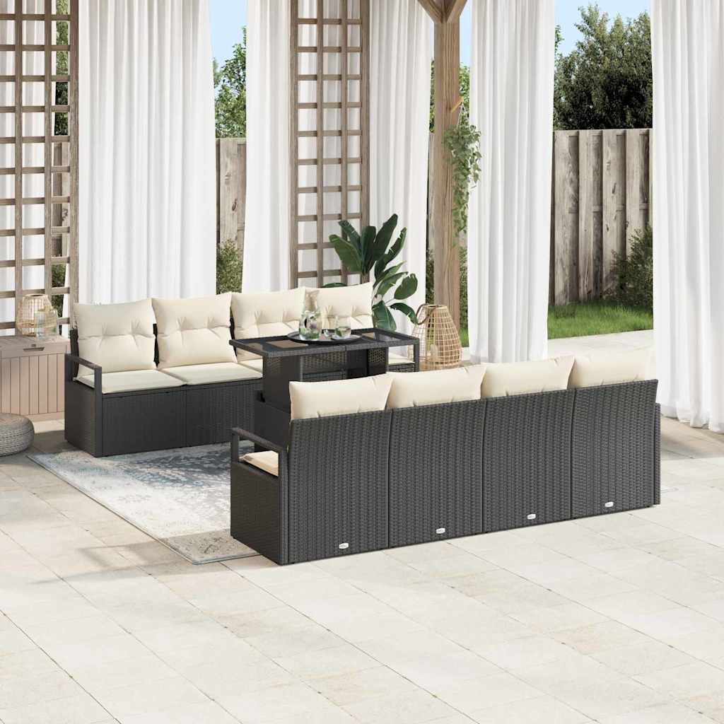 Conjunto de sofá de jardín 9 pcs Negro y crema ratán sintético