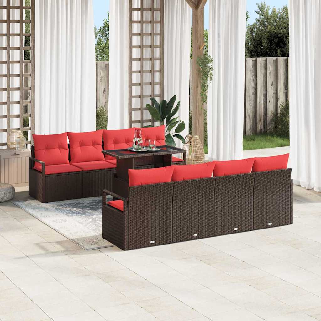 Conjunto de sofá de jardín 9 pcs Marrón y Rojo ratán sintético