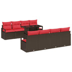Conjunto de sofá de jardín 9 pcs Marrón y Rojo ratán sintético