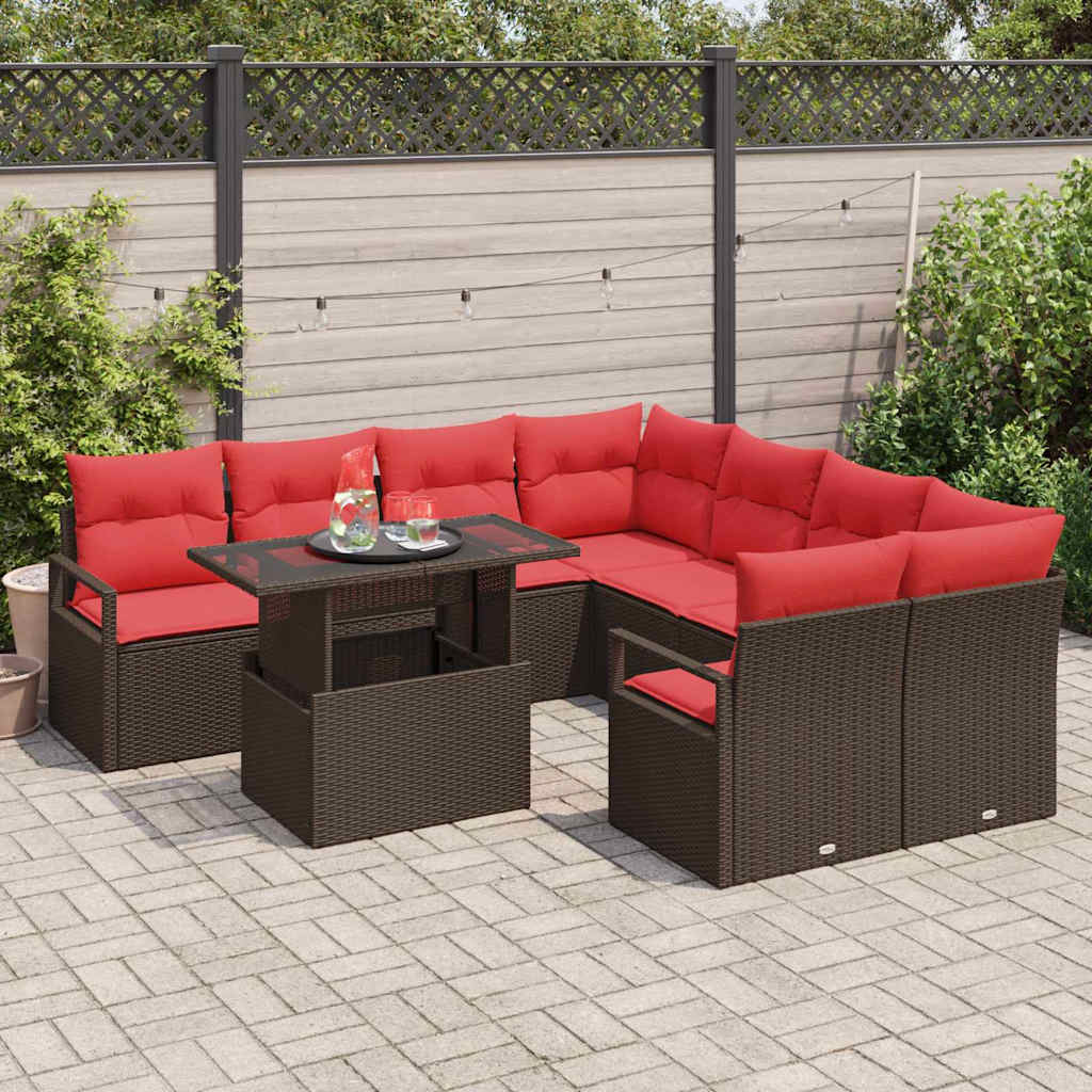Conjunto de sofá de jardín 9 pcs Marrón y Rojo ratán sintético