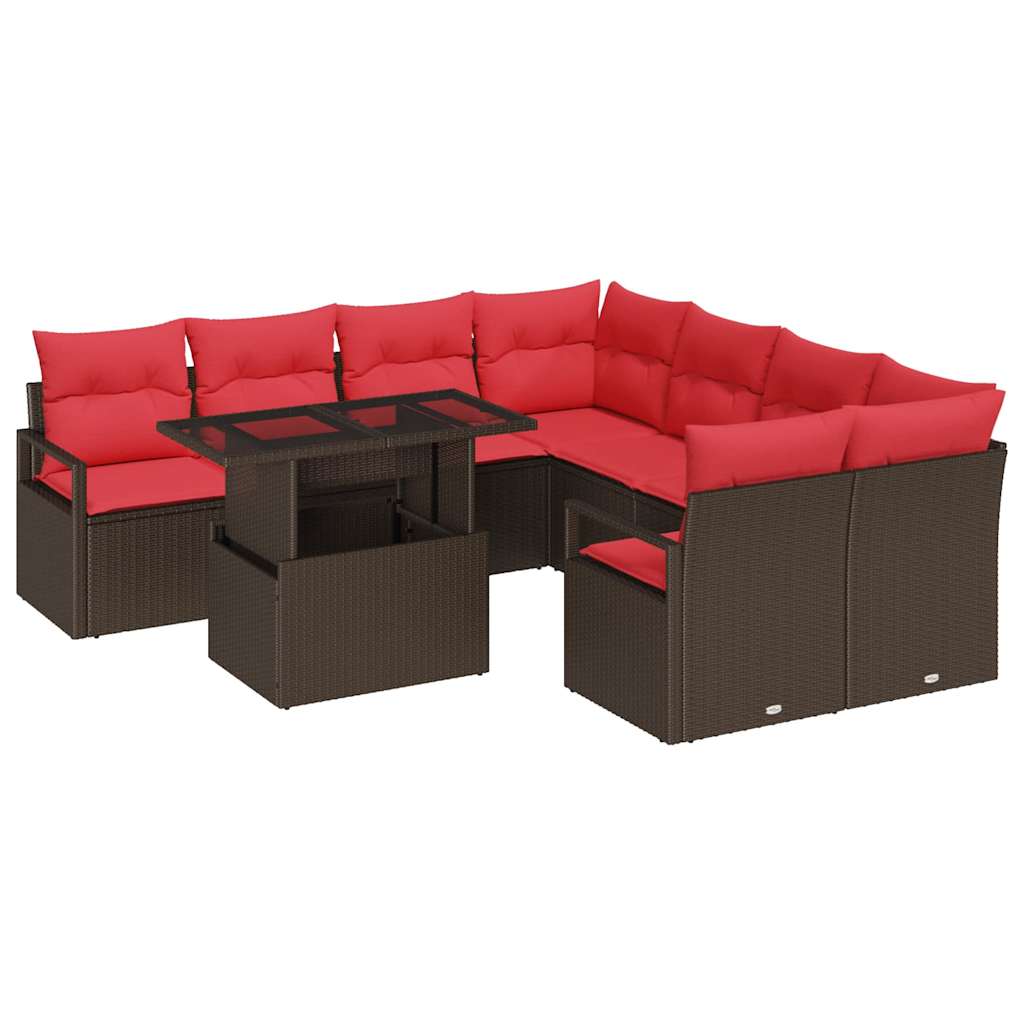 Conjunto de sofá de jardín 9 pcs Marrón y Rojo ratán sintético