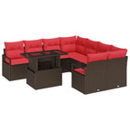 Conjunto de sofá de jardín 9 pcs Marrón y Rojo ratán sintético