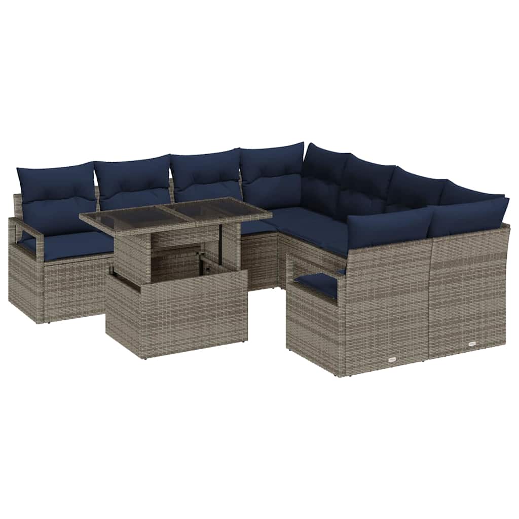 Conjunto de sofá de jardín 9 pcs Gris y azul marino