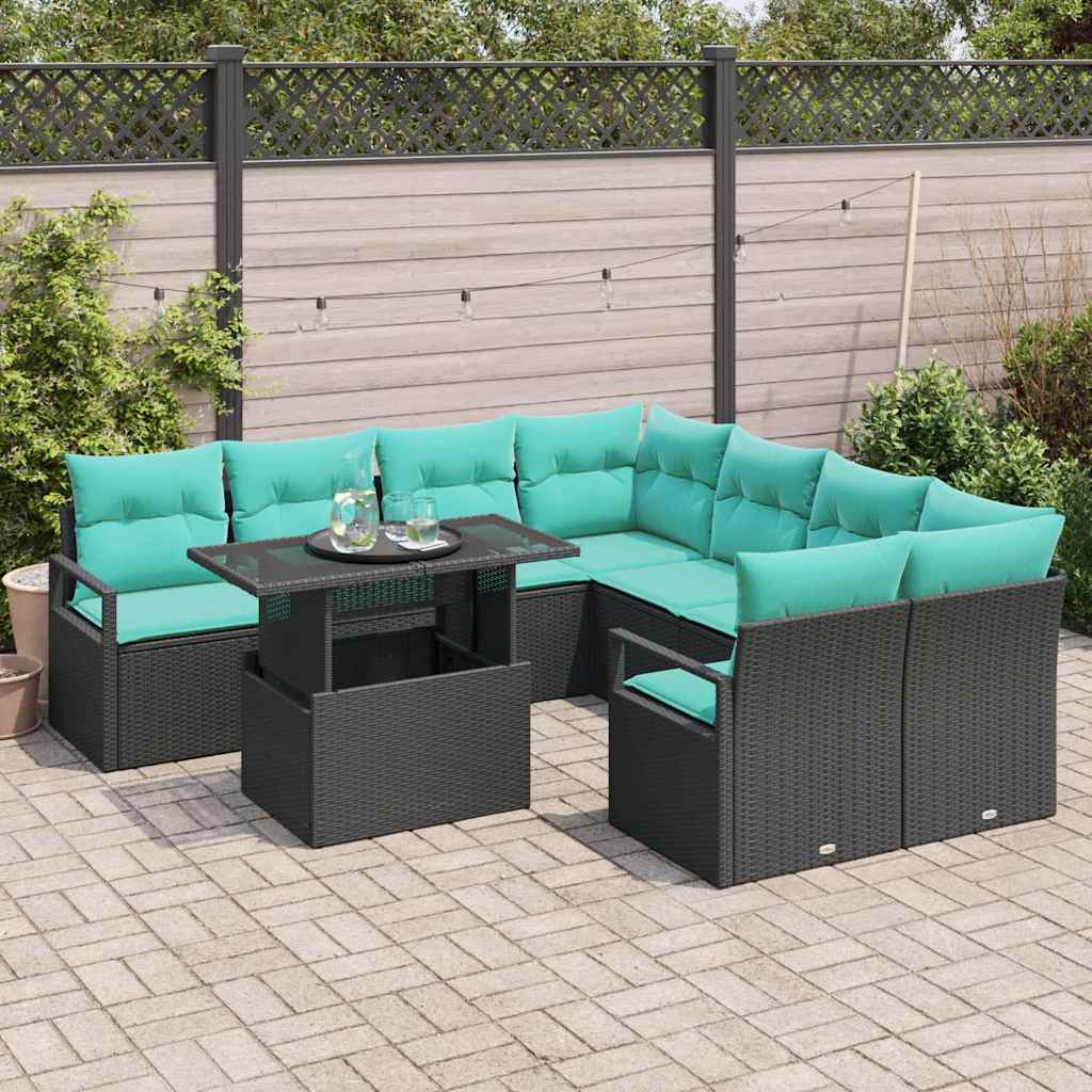 Conjunto de sofá de jardín 9 pcs Negro y azul ratán sintético