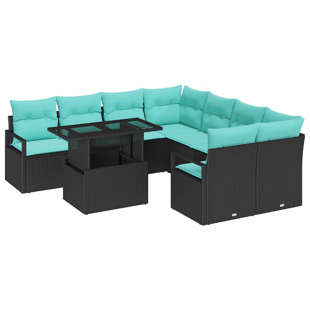 Conjunto de sofá de jardín 9 pcs Negro y azul ratán sintético