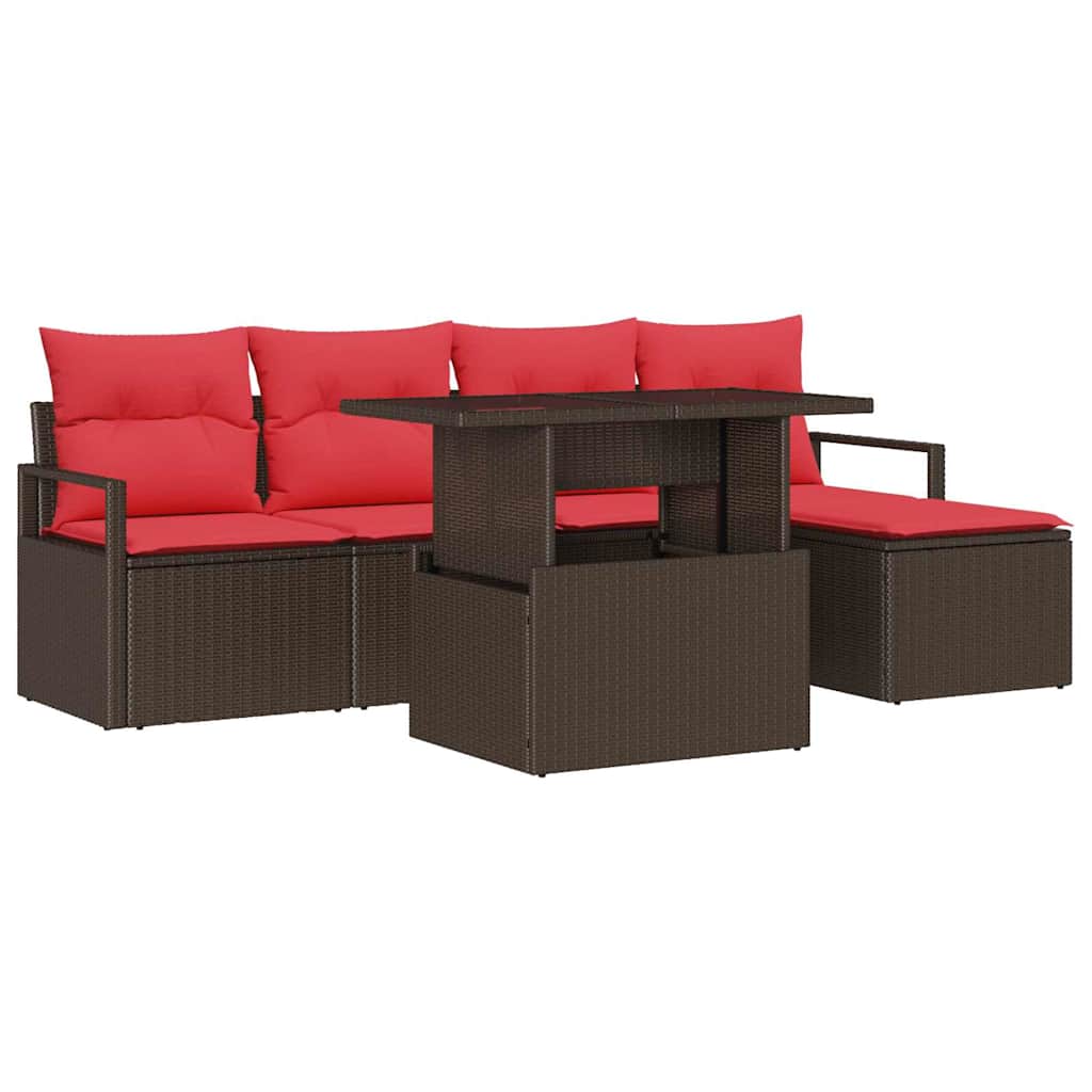 Conjunto de sofá de jardín 6 pcs Marrón y Rojo ratán sintético