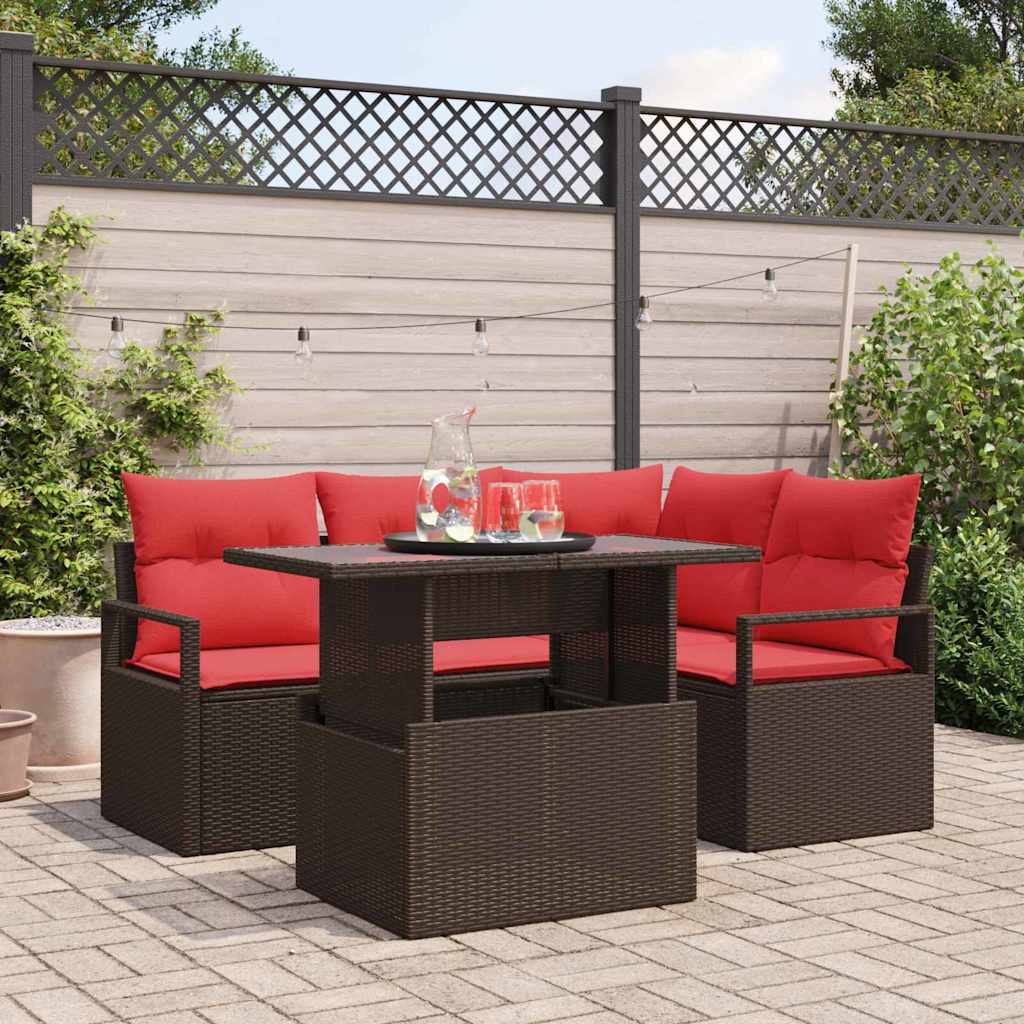 Conjunto de sofá de jardín 5 pcs Marrón y Rojo ratán sintético