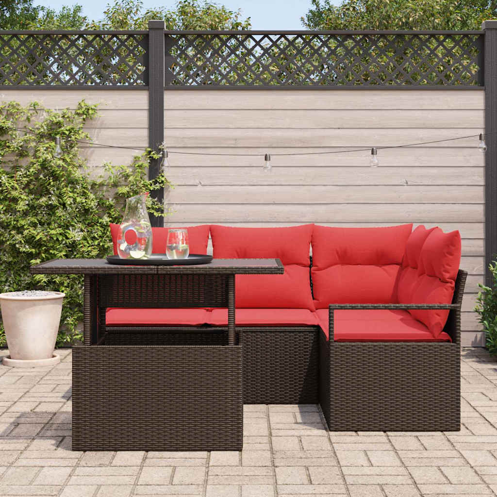 Conjunto de sofá de jardín 5 pcs Marrón y Rojo ratán sintético